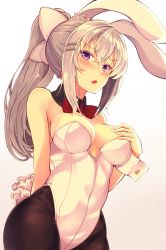 Rule 34 | 1girl, animal ears, arm behind back, black pantyhose, blush, bow, bowtie, breasts, breasts apart, commentary request, cowboy shot, detached collar, fake animal ears, fang, gradient background, groin, hair ornament, hair ribbon, hairclip, hand on own chest, highres, higuchi kaede, leotard, long hair, looking at viewer, medium breasts, mizuyoukan (mikususannda), mole, mole under eye, nijisanji, open mouth, pantyhose, playboy bunny, ponytail, purple eyes, rabbit ears, rabbit girl, rabbit tail, red bow, red bowtie, ribbon, sidelocks, silver hair, solo, standing, tail, virtual youtuber, white leotard, wrist cuffs
