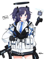Rule 34 | 1girl, black skirt, blue archive, blue necktie, blush, breasts, closed mouth, collared shirt, cowboy shot, drone, flukhan, formal, glock, gun, halo, handgun, highres, jacket, large breasts, long hair, long sleeves, mechanical halo, necktie, pleated skirt, purple eyes, purple hair, shirt, sig mpx, simple background, skirt, smile, solo, submachine gun, suit, two side up, weapon, white background, white jacket, white shirt, yuuka (blue archive)