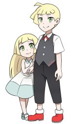 Rule 34 | 1boy, 1girl, aged down, artist name, blonde hair, blue dress, brother and sister, child, creatures (company), dress, game freak, gladion (pokemon), green eyes, highres, lillie (pokemon), lolitaii, long hair, nintendo, official style, pokemon, pokemon sm, siblings, signature, vest, wavy mouth