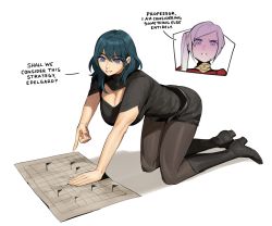 Rule 34 | 2girls, adapted costume, blue hair, blush, breasts, byleth (female) (fire emblem), byleth (fire emblem), cleavage, cleavage cutout, clothing cutout, edelgard von hresvelg, female pervert, fire emblem, fire emblem: three houses, full body, highres, kneeling, large breasts, long hair, map, medium hair, multiple girls, nintendo, official alternate costume, official alternate hairstyle, on floor, on ground, pantyhose, pantyhose under shorts, pervert, radiostarkiller, shorts, smile, white background, yuri