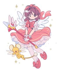 Rule 34 | 1girl, absurdres, bow, brown hair, cardcaptor sakura, commentary request, dress, footwear bow, full body, glove bow, gloves, gogeyama, highres, kero (cardcaptor sakura), kinomoto sakura, long hair, magical girl, puffy short sleeves, puffy sleeves, red bow, red dress, red footwear, red headwear, short sleeves, sleeve bow, sparkle, thighhighs, white background, white gloves, white thighhighs