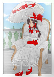 Rule 34 | 1girl, absurdres, bow, chair, corruption, crossed legs, cup, dress, gloves, hakurei reimu, hat, hat bow, hat ribbon, high heels, highres, long skirt, mary janes, medium hair, parasol, red bow, red footwear, reimu scarlet, ribbon, scarlet devil mansion, scarletreddevil, shoes, sitting, skirt, solo, teacup, thighhighs, touhou, umbrella, vampire, waist bow, white background, white dress, white gloves, white hat, white skirt, white thighhighs