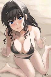 Rule 34 | 1girl, absurdres, amagami, bare shoulders, barefoot, bikini, black bikini, black hair, black hairband, blue eyes, blush, breasts, cleavage, collarbone, commentary request, drill hair, from behind, hairband, highres, large breasts, long hair, looking at viewer, mori heichi, morishima haruka, navel, sand, sitting, smile, solo, swimsuit, wariza