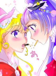 Rule 34 | 2girls, black headwear, blonde hair, blue eyes, blush, bow, bowtie, cure magical, cure miracle, earrings, eye contact, eyelashes, food, hair between eyes, hat, highres, jewelry, long hair, looking at another, mahou girls precure!, manekineko5319, mini hat, multiple girls, open mouth, pink headwear, pocky, pocky day, portrait, precure, purple eyes, purple hair, red bow, red bowtie, signature, white background, witch hat, yuri