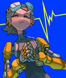 Rule 34 | 1girl, absurdres, blue background, blue hair, covered navel, cracking knuckles, cyberpunk, cyborg, earrings, goggles, goggles on head, highres, horns, jewelry, koutetu yarou, leotard, looking at viewer, mechanical arms, orange eyes, original, own hands together, prosthesis, prosthetic arm, scowl, sharp teeth, signature, single horn, solo, teeth