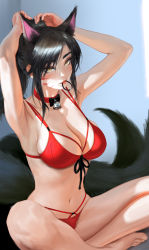 Rule 34 | 1girl, adjusting hair, ahri (league of legends), animal ears, armpits, arms behind head, arms up, bell, bikini, black hair, blush, breasts, butterfly sitting, choker, cleavage, emirp199, eyelashes, facial mark, fox ears, fox tail, hair tie, hair tie in mouth, hand in own hair, highres, indian style, jingle bell, large breasts, league of legends, lips, long hair, looking at viewer, makeup, mascara, midriff, mouth hold, multiple tails, navel, neck bell, nose, ponytail, red bikini, red choker, red lips, sitting, skindentation, slit pupils, smile, solo, stomach, swimsuit, tail, toenails, tying hair, whisker markings, yellow eyes