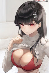 Rule 34 | 1girl, absurdres, black hair, blue archive, blunt bangs, bra, breasts, bright pupils, cleavage, clothes lift, commentary, hair ornament, hairclip, halo, hand up, highres, jaduade, large breasts, lifted by self, long hair, long sleeves, looking at viewer, parted lips, red bra, red eyes, ribbed sweater, rio (blue archive), solo, sweater, sweater lift, turtle, turtleneck, turtleneck sweater, underwear, upper body, white sweater