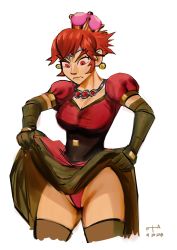 Rule 34 | 1girl, artist request, black gloves, breasts, circlet, cleavage, dated, dress, earrings, elbow gloves, ganondorf, genderswap, genderswap (mtf), gloves, highres, jewelry, lifted by self, mario (series), medium breasts, necklace, new super mario bros. u deluxe, nintendo, puffy short sleeves, puffy sleeves, red dress, red eyes, red hair, short sleeves, sidelocks, sketch, standing, super crown, the legend of zelda, thick eyebrows, thighhighs, wavy mouth, white background
