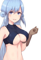 Rule 34 | 10s, 1girl, arm up, bad id, bad pixiv id, blue eyes, blue hair, blush, breasts, brown gloves, cleavage, commentary, covered erect nipples, double bun, eyebrows, gloves, hair between eyes, hair bun, halterneck, highres, kinryuu, large breasts, long hair, matching hair/eyes, merc storia, navel, parted lips, simple background, smile, solo, stella (merc storia), upper body, white background
