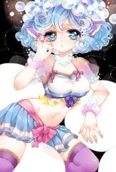 Rule 34 | 1girl, animal ears, bad id, bad pixiv id, bare shoulders, blue bra, blue eyes, blue hair, blue nails, blue skirt, bra, breasts, bubble, blowing bubbles, closed eyes, contrapposto, copyright request, fingernails, hand up, large breasts, looking at viewer, mamaloni, nail polish, navel, pleated skirt, purple thighhighs, see-through, see-through sleeves, shabobon (show by rock!!), short sleeves, show by rock!!, sitting, skirt, solo, thighhighs, underwear