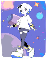 Rule 34 | 1girl, ankle boots, blush stickers, boots, border, closed mouth, colored skin, copyright request, eclair groove, enkyo yuuichirou, grey shorts, grey thighhighs, hair ornament, highres, looking at viewer, metro mew, planet, purple eyes, shirt, short hair, short sleeves, shorts, smile, solo, space, spacecraft, thighhighs, walking, white border, white footwear, white hair, white shirt, white skin