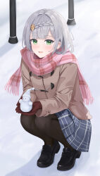Rule 34 | 1girl, :d, absurdres, alternate costume, black footwear, black pantyhose, blush, braid, brown coat, brown gloves, casual, cherng, coat, commentary, crown braid, duffel coat, enpera, fringe trim, full body, genshin impact, gloves, green eyes, grey hair, grey skirt, hair ornament, highres, holding snowman, jacket, loafers, long sleeves, noelle (genshin impact), open mouth, outdoors, own hands together, pantyhose, pink scarf, plaid, plaid scarf, plaid skirt, red gloves, scarf, shield hair ornament, shoes, short hair, sidelocks, skirt, smile, snow, snowman, solo, squatting, white headwear, winter, winter clothes