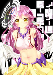 Rule 34 | 10s, 1girl, absurdres, angel wings, arms behind back, bad id, bad pixiv id, breasts, highres, jibril (no game no life), kasappi, large breasts, long hair, looking at viewer, navel, no game no life, purple hair, sideboob, smile, solo, wings, yellow eyes
