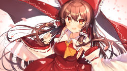 Rule 34 | 1girl, :d, absurdres, ascot, bare shoulders, blush, bow, breasts, brown eyes, brown hair, commentary request, cowboy shot, detached sleeves, gradient background, hair between eyes, hair bow, hair tubes, hakurei reimu, hand up, highres, large breasts, long hair, long sleeves, looking at viewer, nenobi (nenorium), open mouth, petals, pink background, red bow, red skirt, revision, ribbon-trimmed sleeves, ribbon trim, skirt, skirt set, smile, solo, touhou, very long hair, white background, wide sleeves, yellow ascot