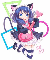 Rule 34 | 10s, 1girl, animal ears, bad id, bad pixiv id, bell, black hair, blue eyes, cat ears, cat tail, cupen, curly hair, cyan (show by rock!!), highres, open mouth, short hair, show by rock!!, simple background, solo, striped clothes, striped thighhighs, tail, thighhighs