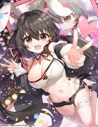 Rule 34 | 1girl, :d, animal ears, apple caramel, bare shoulders, black choker, black hair, black jacket, black shorts, breasts, brown eyes, camisole, choker, cleavage, commission, crop top, fang, highleg, highleg panties, highres, jacket, large breasts, leg up, long hair, long sleeves, looking at viewer, low twintails, micro shorts, midriff, navel, off shoulder, open clothes, open fly, open jacket, open mouth, original, outstretched arm, panties, rabbit ears, ribbon choker, shirt, shoes, shorts, side-tie panties, sleeveless, sleeveless shirt, smile, solo, spaghetti strap, stomach, string panties, thighs, twintails, underwear, v, very long hair, white panties, white shirt