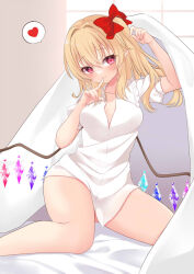 Rule 34 | 1girl, alternate breast size, alternate costume, bed sheet, blonde hair, blush, bow, breasts, closed mouth, collarbone, crystal, feet out of frame, flandre scarlet, hair bow, head tilt, heart, indoors, light smile, looking at viewer, medium breasts, medium hair, multicolored wings, naked shirt, no headwear, one side up, pointy ears, puffy short sleeves, puffy sleeves, red bow, red eyes, shirt, short sleeves, solo, spoken heart, thighs, tosakaoil, touhou, wings