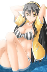 Rule 34 | 10s, 1girl, arms behind head, arms up, bare legs, bikini, bikini under clothes, black hair, blush, breasts, cleavage, closed mouth, collarbone, eyebrows, front-tie bikini top, front-tie top, hair between eyes, hair ornament, hairband, hairclip, haruna (kancolle), headgear, jacket, kantai collection, keito (keito-ya), knees up, long hair, looking at viewer, medium breasts, ocean, open clothes, open jacket, partially submerged, pocket, short sleeves, side-tie bikini bottom, sitting, smile, solo, striped bikini, striped clothes, swimsuit, swimsuit under clothes, unzipped, vertical-striped bikini, vertical-striped clothes, very long hair, water, white background, yellow eyes, yellow jacket