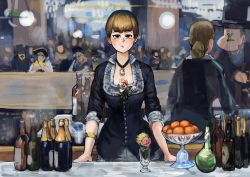 Rule 34 | 2boys, 3girls, absurdres, alcohol, arm support, black choker, black coat, black eyes, blonde hair, blurry, blurry background, bottle, brooch, chanta (ayatakaoisii), choker, closed mouth, coat, earrings, elbow sleeve, facing viewer, flower, food, fruit, glass, highres, huge filesize, jewelry, jitome, looking at viewer, multiple boys, multiple girls, orange (fruit), original, pendant, people, pink flower, pink rose, bar (place), rose, short hair, solo focus, standing, victorian, wristband, yellow flower, yellow rose