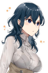 Rule 34 | 1girl, absurdres, ascot, blue eyes, blue hair, blush, bra visible through clothes, breasts, byleth (female) (fire emblem), byleth (fire emblem), closed mouth, commentary request, fire emblem, fire emblem: three houses, flower, hair between eyes, haru (nakajou-28), highres, long hair, long sleeves, medium breasts, nintendo, see-through, see-through shirt, shirt, simple background, solo, upper body, white ascot, white background, white shirt