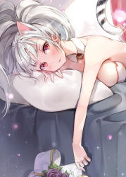 Rule 34 | 1girl, animal ears, bad id, bad pixiv id, bare arms, bed, bed sheet, blush, breasts, chagoon, collar, dungeon and fighter, flower, head on arm, head rest, holding, jewelry, large breasts, long hair, looking at viewer, lying, on bed, on stomach, parted lips, pendant, pillow, red eyes, silver hair, solo, tail, undressing