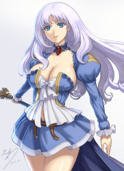 Rule 34 | 1girl, 2021, annelotte, annelotte (princess knight), annelotte (queen's blade), belt, blue eyes, breasts, brooch, cape, choker, cleavage, commentary request, detached collar, eiwa, holding, holding sword, holding weapon, jewelry, juliet sleeves, knight princess annelotte, large breasts, long hair, long sleeves, navel, official art, puffy sleeves, purple hair, queen&#039;s blade, queen&#039;s blade rebellion, signature, skirt, smile, solo, standing, sword, weapon