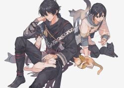 2boys animal animal_ears animal_on_shoulder arms_up bag black_cat black_eyes black_hair cat cat_ears closed_eyes closed_mouth ebira hair_between_eyes hand_on_own_face highres holding holding_animal holding_cat hua_tuo_(shin_sangoku_musou) long_hair multiple_boys ponytail shin_sangoku_musou shin_sangoku_musou_origins short_hair sitting sweatdrop tail white_cat wide_sleeves ziluan_(shin_sangoku_musou)