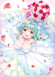 Rule 34 | armpit crease, armpit peek, armpits, blush, bouquet, breasts, bridal gauntlets, bridal veil, bride, dress, fate/grand order, fate (series), flower, frilled dress, frilled skirt, frills, gauntlets, gem, green hair, hand up, highres, jewelry, kiyohime (fate), lace, large breasts, long dress, long skirt, medium breasts, necklace, open mouth, pearl (gemstone), pearl necklace, petals, pink flower, pink rose, red flower, red petals, red rose, rose, short hair, skirt, sleeveless, sleeveless dress, smile, solo, suzumia (daydream), veil, wedding, wedding dress, white dress, white skirt, yellow eyes