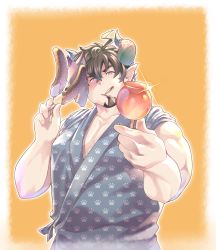 Rule 34 | 1boy, absurdres, alternate costume, banana, bara, barawa, bare shoulders, blue kimono, blush, brown eyes, brown hair, candy apple, draph, facial hair, festival, food, fruit, goatee, granblue fantasy, highres, horns, incoming food, japanese clothes, kimono, looking at viewer, male focus, mature male, muscular, muscular male, orange background, osu (osumankokuou), paw print, pectoral cleavage, pectorals, pointy ears, print kimono, short hair, simple background, sleeves rolled up, smile, solo, sparkle, upper body