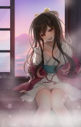 Rule 34 | 10s, alternate costume, bath, bathroom, commentary, highres, japanese clothes, kantai collection, kimono, light particles, maririn, naganami (kancolle), onsen, solo, steam, water, window
