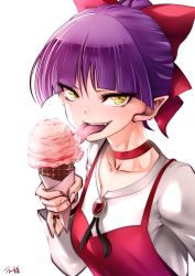 Rule 34 | 1girl, artist name, barbed tongue, bow, cat girl, choker, commentary, dress, eyes visible through hair, fingernails, food, gegege no kitarou, gem, hair bun, holding, holding food, ice cream, ice cream cone, licking, long sleeves, looking at viewer, nekomusume, nekomusume (gegege no kitarou 6), open mouth, pinafore dress, pinky out, pointy ears, purple hair, red bow, red choker, red dress, shirt, short hair, signature, simple background, single hair bun, sleeveless dress, slit pupils, smile, solo, souryu, upper body, white background, white shirt, yellow eyes