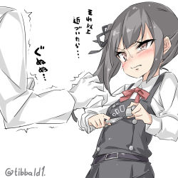 Rule 34 | 10s, 1girl, ^^^, admiral (kancolle), bad id, bad twitter id, belt, black hair, black ribbon, blush, brown eyes, closed mouth, collared shirt, cowboy shot, dress, ebifurya, eyebrows, hair ribbon, highres, holding, inactive account, kantai collection, kasumi (kancolle), long hair, long sleeves, looking at another, neck ribbon, pinafore dress, red ribbon, remodel (kantai collection), ribbon, shirt, side ponytail, simple background, sleeveless dress, solo focus, sweatdrop, translation request, trembling, twitter username, white background, white shirt