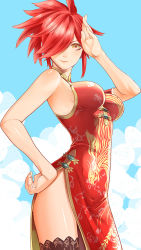 Rule 34 | 1girl, arm garter, azanami (pso2), bare shoulders, breasts, breasts apart, china dress, chinese clothes, cloud, day, dress, from side, hair over one eye, halterneck, hand on own hip, impossible clothes, impossible dress, lace, lace-trimmed legwear, lace trim, looking at viewer, looking back, medium breasts, outdoors, p-kana, phantasy star, phantasy star online 2, ponytail, red dress, red hair, salute, shiny skin, short hair, side slit, sideboob, sky, sleeveless, sleeveless dress, smile, spiked hair, standing, thighhighs, turtleneck, yellow eyes