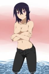 Rule 34 | 1girl, absurdres, black hair, breasts, covering privates, covering breasts, crossed arms, denim, enderspain, highres, jeans, navel, original, pants, solo, tomboy, topless, unbuttoned, wading, water, yome (enderspain)