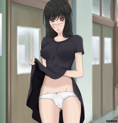 Rule 34 | 1girl, black hair, breasts, cameltoe, chainsaw man, clothes lift, collarbone, dress, dress lift, gluteal fold, indoors, lifted by self, long hair, medium breasts, mitaka, navel, nose, panties, red eyes, scar, scar on face, smile, underwear, yoru (chainsaw man)