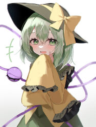 Rule 34 | 1girl, absurdres, black hat, bow, commentary request, gradient background, green eyes, green hair, hat, hat bow, highres, komeiji koishi, laughing, long sleeves, looking at viewer, short hair, simple background, sleeves past fingers, sleeves past wrists, solo, third eye, touhou, white background, yellow bow, yumeno ruruka