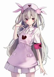 Rule 34 | 1girl, apron, armband, blush, closed mouth, collared shirt, cowboy shot, dress shirt, harenchi, hat, heart, highres, light brown hair, long hair, natori sana, nurse cap, pink apron, pink hat, pleated skirt, puffy short sleeves, puffy sleeves, red eyes, sana channel, shirt, short sleeves, simple background, skirt, smile, solo, standing, two side up, very long hair, virtual youtuber, white background, white shirt, white skirt