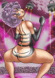 Rule 34 | 1girl, ass, blue eyes, choker, dragon ball, earrings, elbow gloves, gloves, jewelry, looking at viewer, looking back, panties, purple hair, ranfan, revealing clothes, solo, squatting, takimoto dojo, thong, tongue, underwear