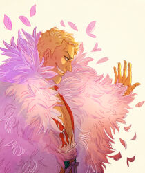Rule 34 | 1boy, blonde hair, coat, donquixote doflamingo, feather coat, feathers, grin, kauulii, looking down, male focus, multicolored clothes, one piece, open clothes, open shirt, outstretched arm, pink coat, short hair, simple background, smile, solo focus, sunlight, teeth, upper body