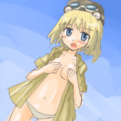 Rule 34 | 1girl, animal ears, blue eyes, blush, breasts, cecilia glinda miles, goggles, gradient background, hat, open clothes, open shirt, shirt, short hair, solo, strike witches, witches of africa, world witches series