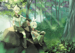 Rule 34 | 1boy, 1girl, blonde hair, blue eyes, bow, brother and sister, bush, commentary, crop top, detached sleeves, expressionless, forest, hair bow, hair ornament, hairclip, hand on own knee, interlocked fingers, kagamine len, kagamine rin, knee up, knees up, leaf, leg warmers, looking at viewer, nature, neckerchief, necktie, outdoors, plant, rock, sailor collar, school uniform, shirt, short hair, short sleeves, shorts, shoulder tattoo, siblings, sitting, smile, sunlight, tattoo, tree, twins, vocaloid, white bow, white shirt, wide shot, xinta, yellow neckerchief