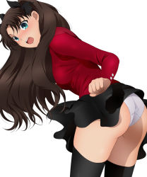 Rule 34 | 1girl, ass, bent over, black bow, black skirt, black thighhighs, blush, bow, breasts, brown hair, clothes lift, cowboy shot, fate/stay night, fate (series), floating hair, green eyes, hair bow, long hair, long sleeves, looking back, medium breasts, miniskirt, panties, pleated skirt, shirt, simple background, skirt, skirt lift, solo, standing, thighhighs, tohsaka rin, twintails, underwear, very long hair, white background, white panties, white shirt, yadokari genpachirou