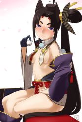 Rule 34 | 1girl, armor, asymmetrical sleeves, bad id, bad pixiv id, black hair, black hat, blue eyes, blush, bow, breast curtains, breasts, detached sleeves, drunk, fate/grand order, fate (series), groin, hair bow, hair ornament, hand on leg, hand on own thigh, hat, highres, japanese armor, kusazuri, light smile, lips, long hair, looking at viewer, mismatched sleeves, no panties, pom pom (clothes), revealing clothes, shimomoto, side ponytail, sideboob, sitting, small breasts, solo, thighs, underboob, ushiwakamaru (fate), very long hair