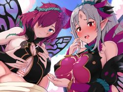 Rule 34 | 2girls, bare shoulders, black gloves, blue eyes, blush, boris (noborhys), breasts, censored, center opening, circlet, cleavage, commentary request, cum, cum on body, cum on upper body, elbow gloves, facial mark, fairy wings, fire emblem, fire emblem heroes, flower, gloves, hair over one eye, highres, large breasts, leaf, long ears, long hair, multiple girls, nintendo, open mouth, paizuri, pink hair, plumeria (fire emblem), red eyes, rose, short hair, silver hair, thorns, triandra (fire emblem), wings