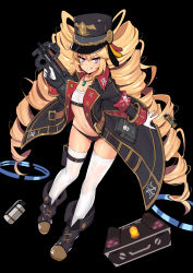 Rule 34 | 1girl, :q, absurdres, assault rifle, bad id, bad pixiv id, bikini, bikini bottom only, black background, black bikini, blonde hair, boots, breasts, bullpup, cleavage, coat, drill hair, girls&#039; frontline, gloves, gun, hat, highres, holding, holding gun, holding weapon, jewelry, long hair, military hat, navel, necklace, purple eyes, rifle, simple background, slm, smile, solo, swimsuit, thighhighs, tongue, tongue out, twin drills, very long hair, weapon, white gloves, white thighhighs