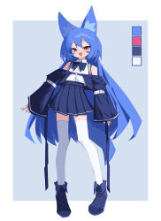Rule 34 | 1girl, :d, absurdres, animal ear fluff, animal ears, arm belt, armpit crease, arms at sides, bare shoulders, blue hair, blush, boots, bow, bowtie, child, color guide, fox ears, fox girl, fox tail, full body, highres, long hair, long sleeves, looking at viewer, miya (myakuro), myakuro, open mouth, original, pleated skirt, purple bow, purple bowtie, purple footwear, purple skirt, red eyes, shirt, sidelocks, simple background, skirt, sleeveless, sleeveless shirt, sleeves past wrists, slit pupils, smile, solo, standing, tail, thighhighs, very long hair, white shirt, white thighhighs, wide sleeves
