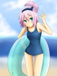 Rule 34 | 1girl, armpits, bare shoulders, beach, blue eyes, breasts, cleavage, hairband, innertube, kanonno earhart, pink hair, school swimsuit, swim ring, swimsuit, tales of (series), tales of the world radiant mythology 2