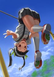 Rule 34 | 1girl, :d, absurdres, bandaid, black hair, black skirt, blue sky, cloud, commentary, dress shirt, fang, full body, green ribbon, hachikuji mayoi, hair ribbon, hairband, highres, horizontal bar, long hair, looking at viewer, monogatari (series), neck ribbon, open mouth, outdoors, playground, red eyes, red footwear, red ribbon, ribbon, school uniform, shirt, shoe soles, shoes, short sleeves, skindentation, skirt, sky, smile, sneakers, socks, solo, suspender skirt, suspenders, thighs, tree, twintails, upside-down, v, white hairband, white shirt, white socks, zyaki