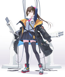 Rule 34 | 1girl, absurdres, ankle boots, arm up, black footwear, boots, bow, bowtie, closed mouth, full body, german flag, gun, hair bow, highres, holding, long hair, long sleeves, mecha musume, miniskirt, original, pink bow, pink bowtie, pleated skirt, ponytail, raglan sleeves, ryeon (bluetom1), shirt, simple background, skirt, sleeves past wrists, solo, standing, thighhighs, weapon, white background, white footwear, white shirt, wire, wrench, zettai ryouiki
