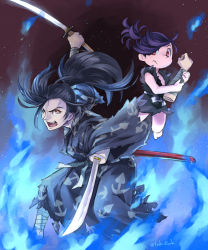 Rule 34 | 1boy, 1girl, absurdres, amputee, bandaged arm, bandaged leg, bandages, bare shoulders, barefoot, black hair, black kimono, blade, blue fire, closed mouth, dororo (character), dororo (tezuka), fire, highres, holding, holding sword, holding weapon, hyakkimaru (dororo), japanese clothes, katana, kimono, long hair, looking at another, open mouth, patterned, patterned clothing, ponytail, purple hair, red eyes, scabbard, sheath, signature, sword, teeth, tongue, torn, torn clothes, toshi punk, twitter username, weapon